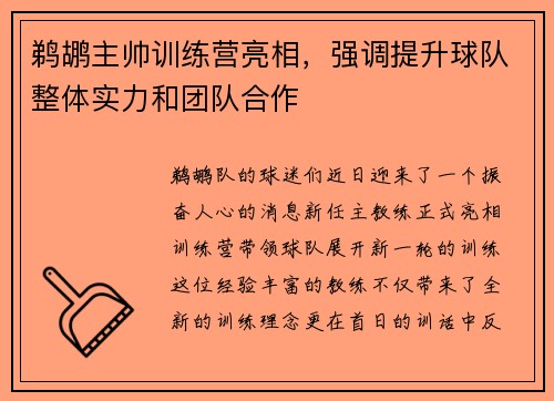 鹈鹕主帅训练营亮相，强调提升球队整体实力和团队合作